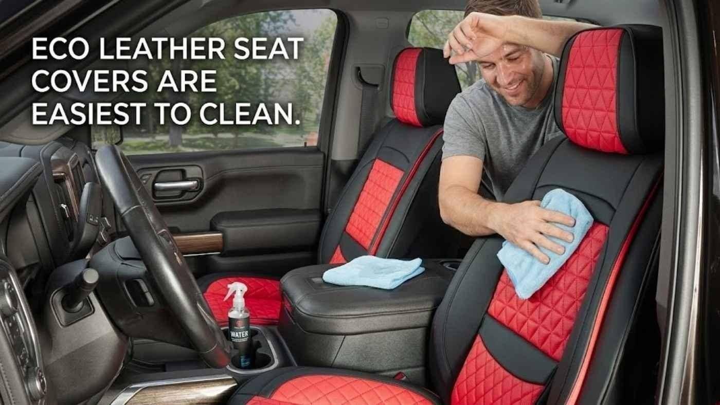 Driver wiping eco-leather car seat covers showing how sweat proof seat covers protect seats and clean easily after gym use.