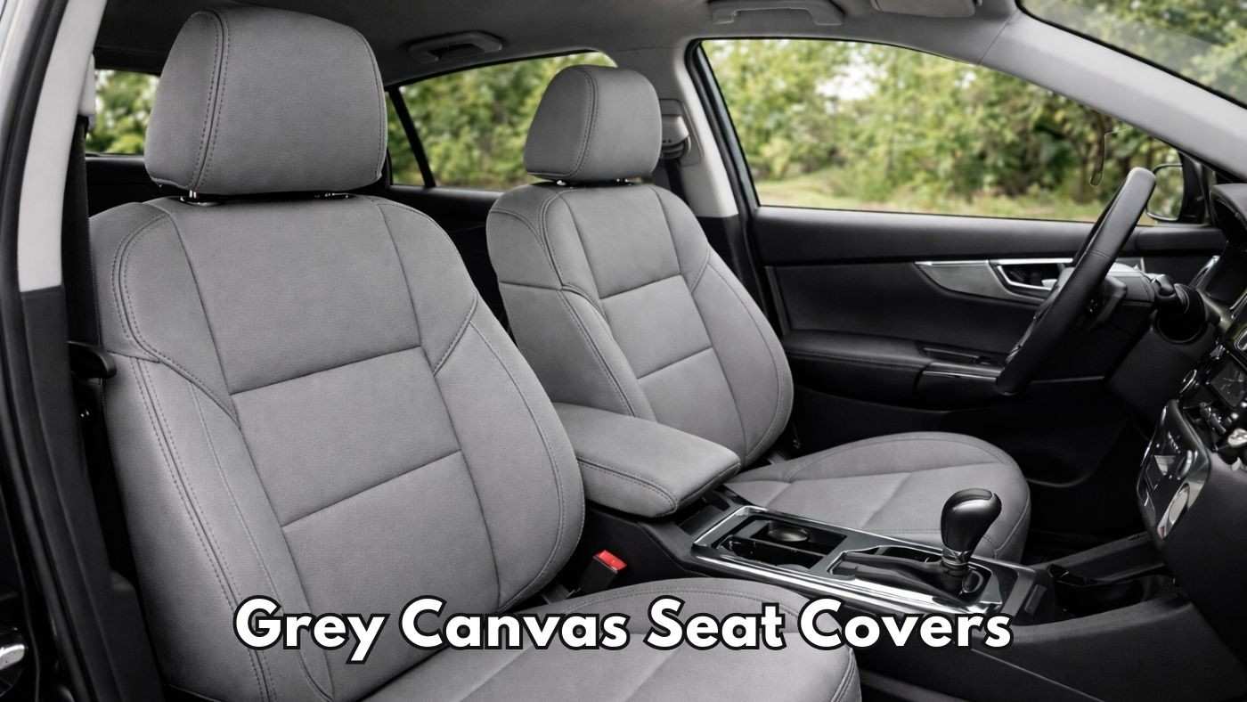 Grey canvas seat covers in truck interior showing durable, heavy-duty design built for work use and long-lasting protection.