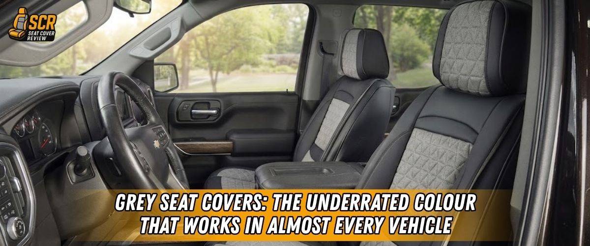 Grey seat covers installed in truck interior showing charcoal and quilted design, highlighting versatility and clean look.