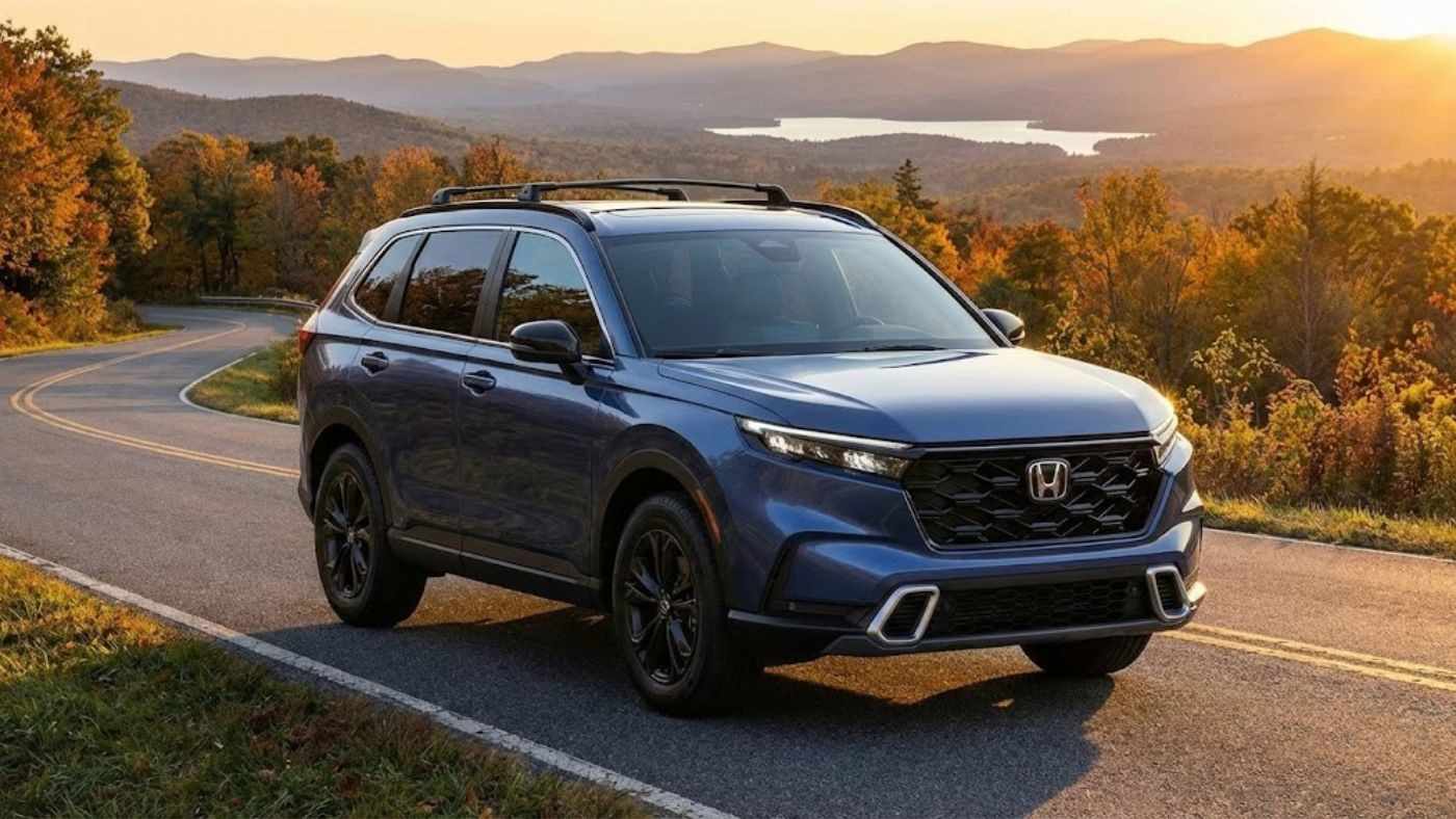 Honda CR-V driving on a scenic road highlights compact SUV seat design and compatibility with trim-specific seat covers.