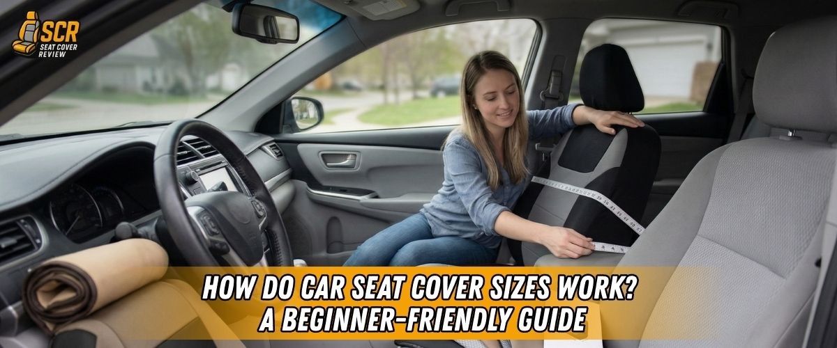 Woman measuring car seat with tape inside car to determine car seat cover size and seat configuration before ordering covers.