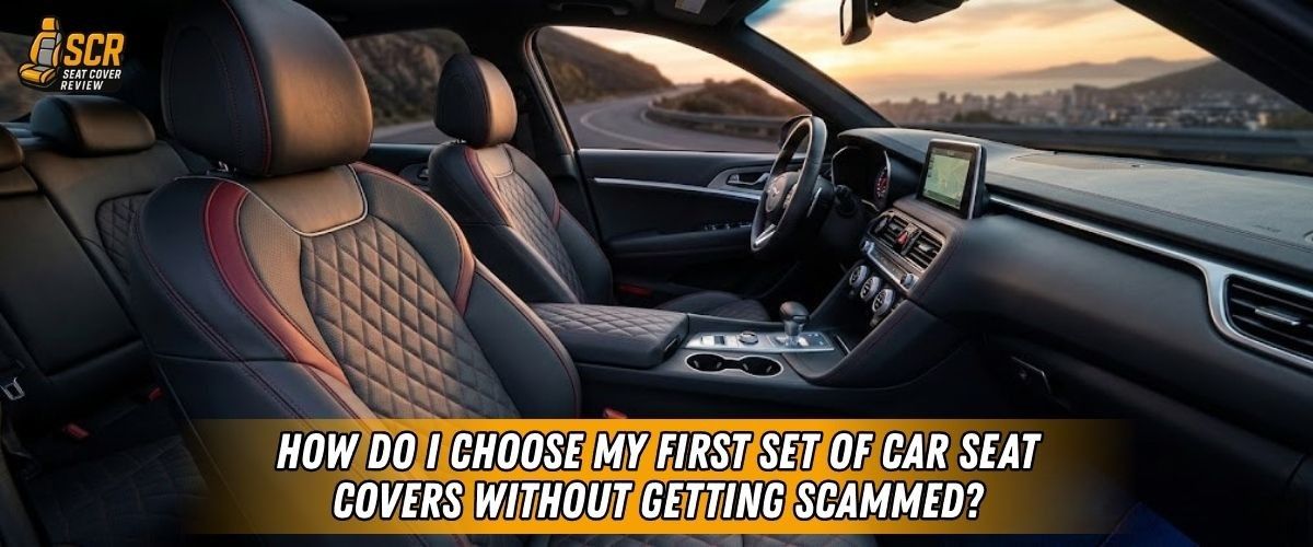 Car interior with fitted seat covers illustrating how to choose quality car seat covers and avoid misleading listings online.
