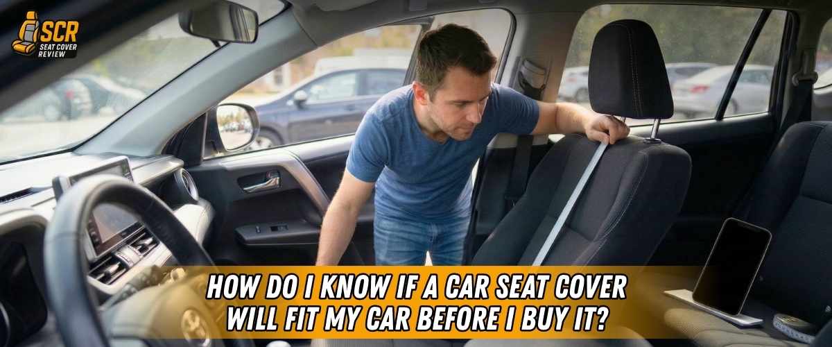 Man checking car seat inside vehicle before buying covers, showing seat cover fit guide and trim compatibility factors.