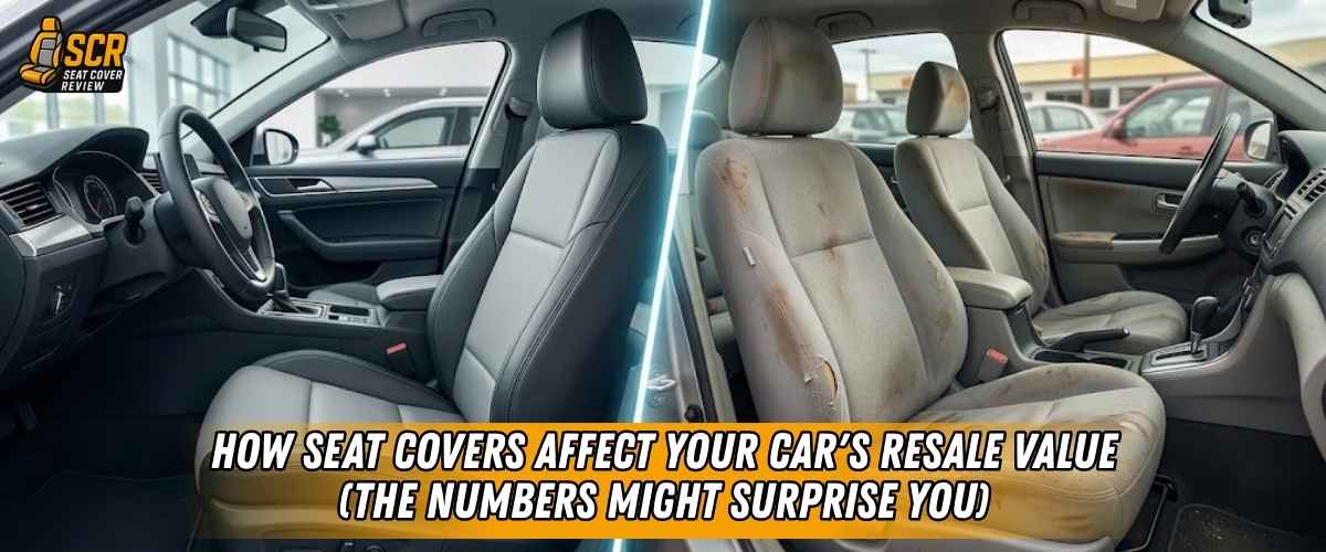 Split car interior with clean seat and worn stained seat, showing how seat covers protect upholstery and boost resale value.