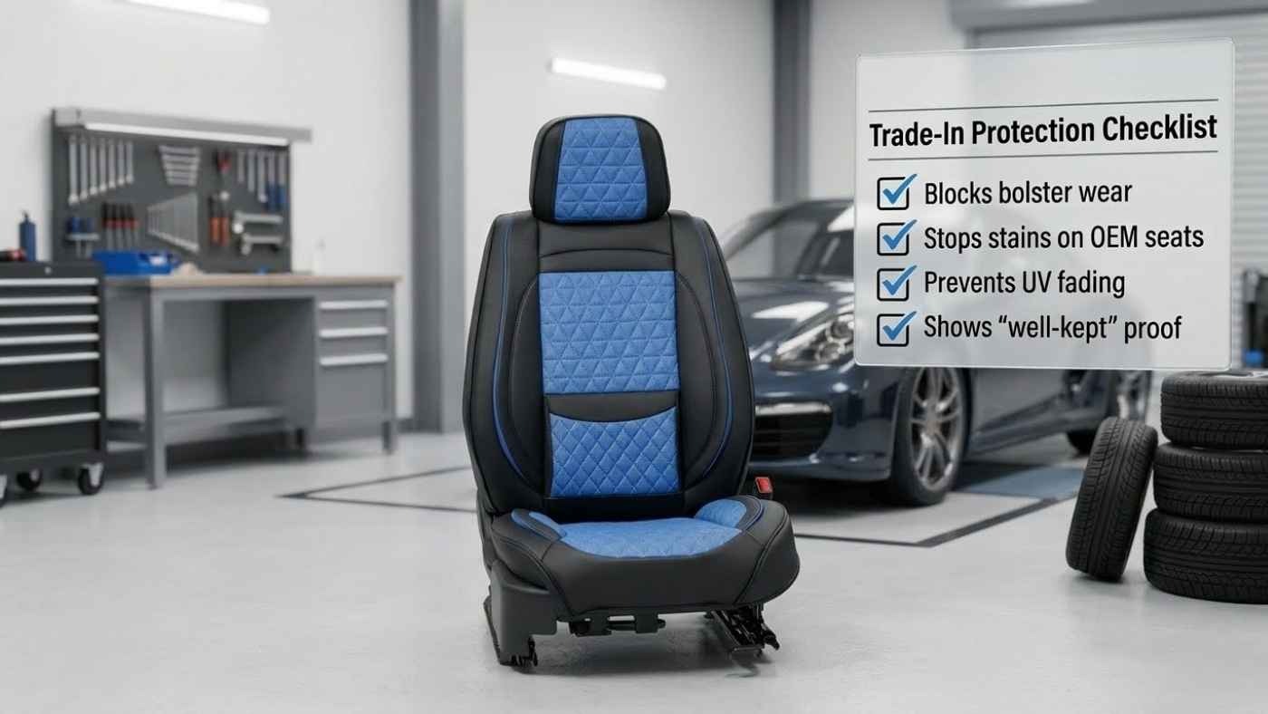 Car seat with fitted cover beside checklist showing seat covers prevent wear stains UV damage and protect trade in value.