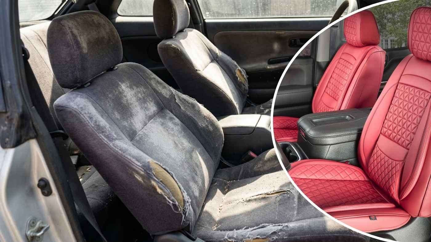 Comparison of worn UV damaged car seats and new red seat covers showing how protection prevents fading and cracking.
