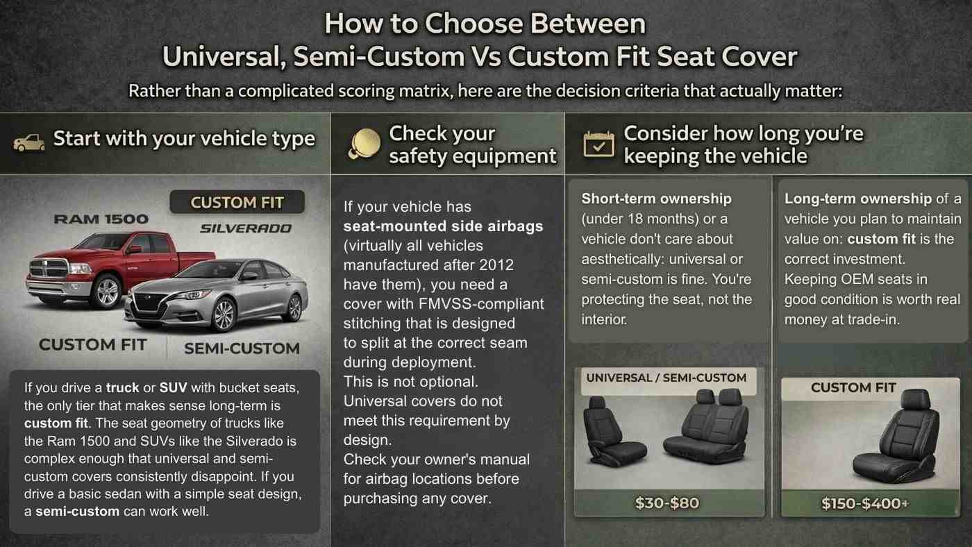 Guide shows how to choose between universal, semi custom, & custom fit seat covers based on vehicle type and safety features.