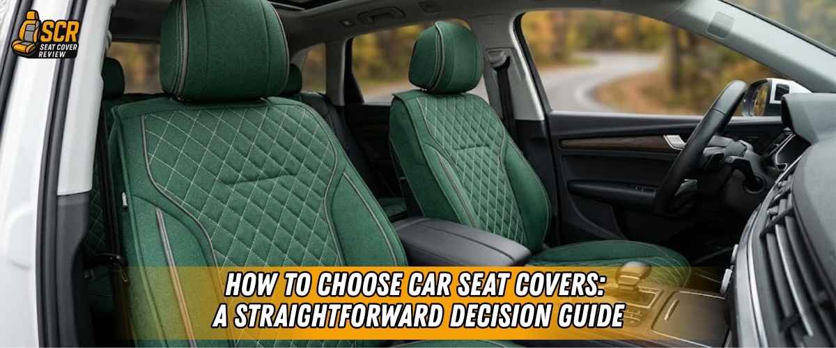 Green quilted car seat covers shown inside an SUV, illustrating a custom fit choice in a practical seat cover buying guide.