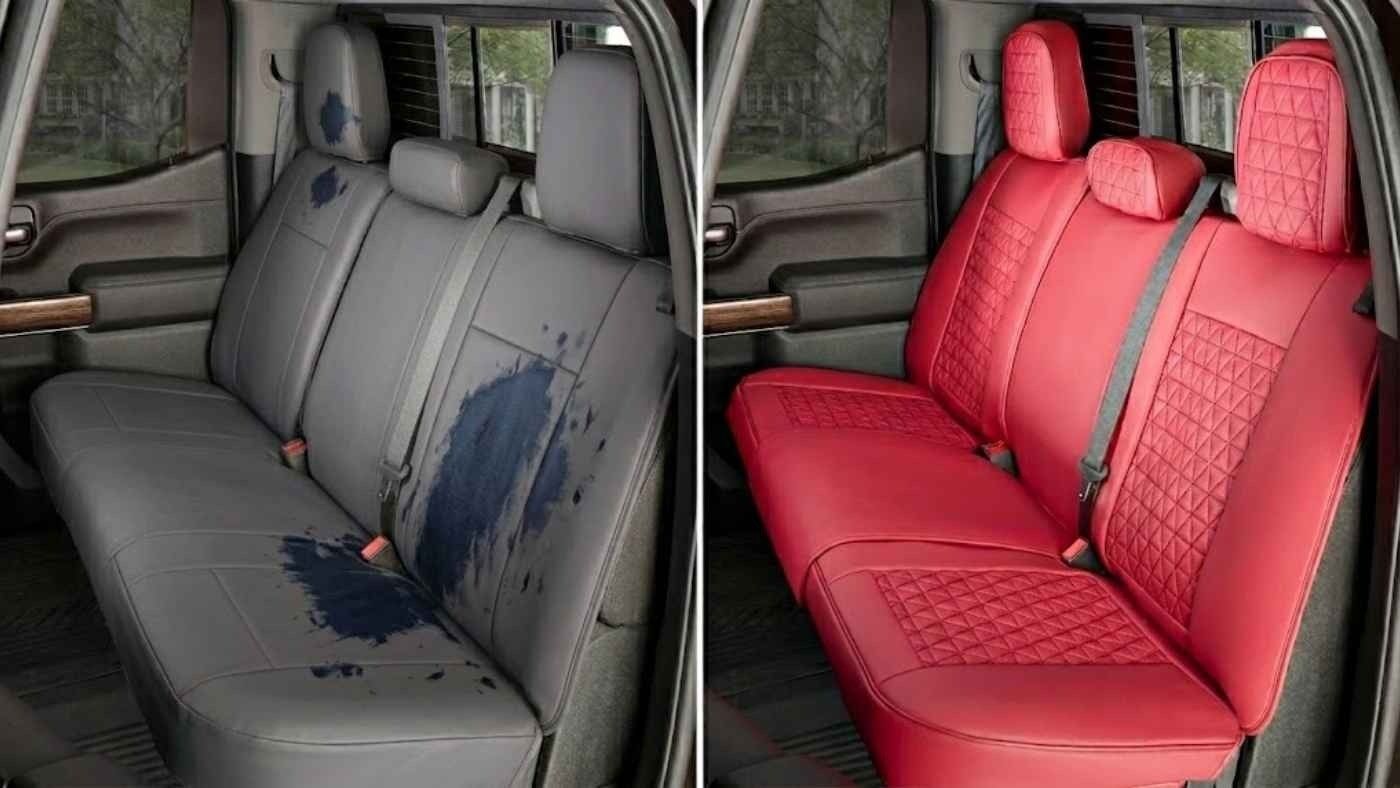 Before and after vinyl car seat covers showing heavy ink stains on grey seat and clean restored red seat after safe removal.