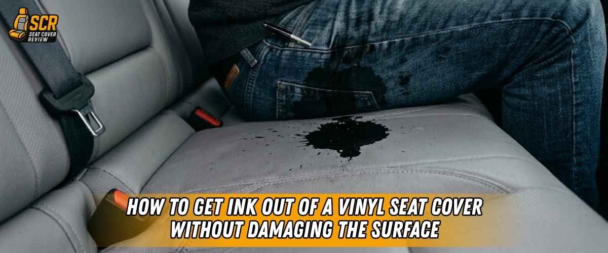 Close up of ink stain from leaking pen on vinyl car seat cover as person sits, showing safe removal without surface damage.