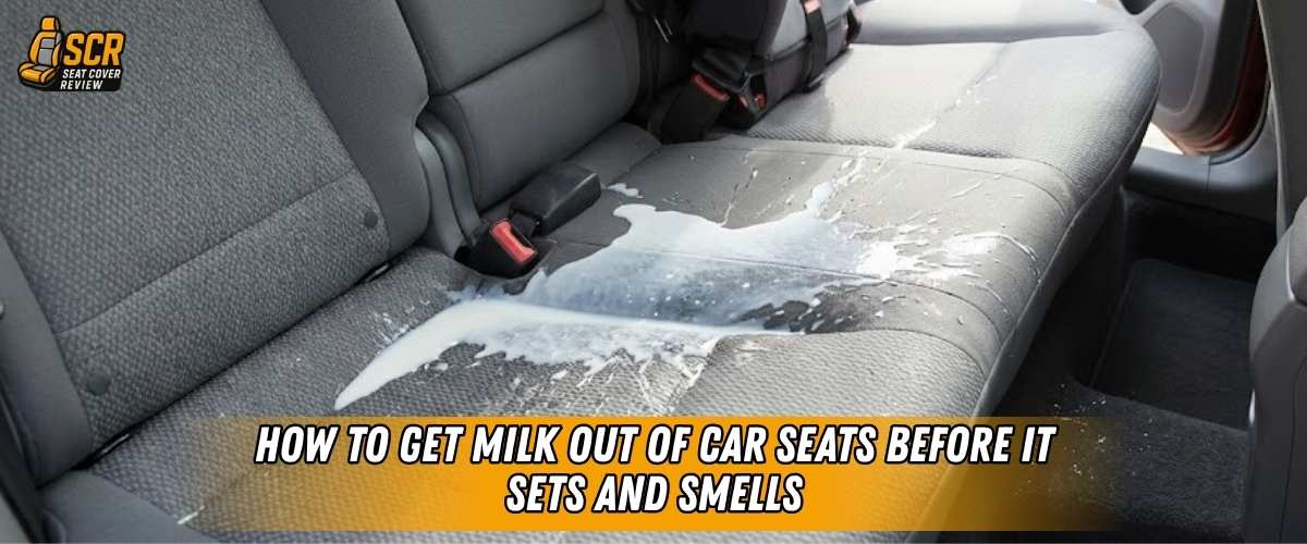Fresh milk spilled across car seat upholstery, highlighting need for quick enzyme cleaning before odour sets in foam layer.