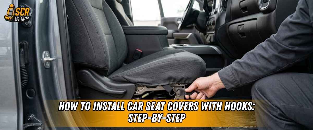 Person attaching hook under car seat while installing seat cover, step-by-step hook based seat cover installation.