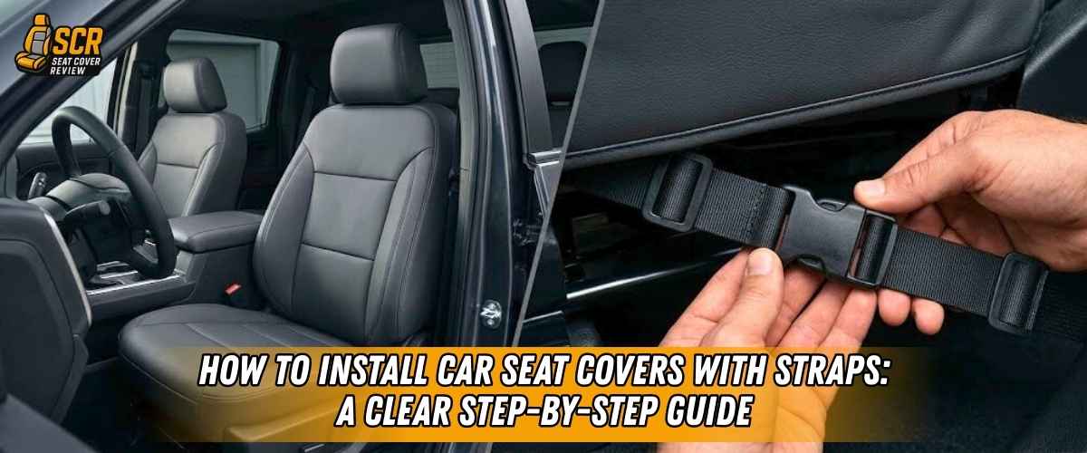 Car interior with seat covers and strap buckle demonstration showing step by step installation of strap based seat covers.