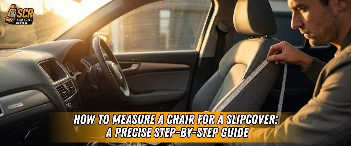 Man measuring seat with tape in car interior, illustrating measurement steps for accurate chair slipcover fitting guide.