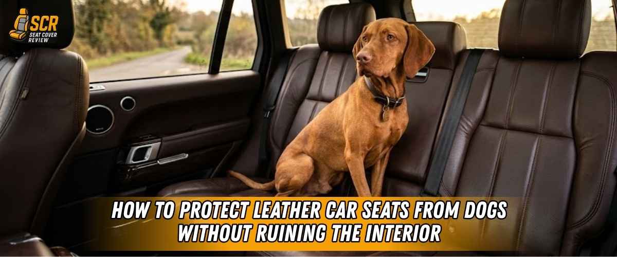 Dog sitting on leather car back seat with protective cover concept showing how to prevent claw damage and preserve interior.