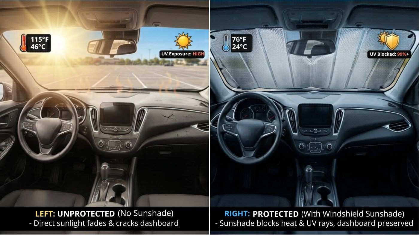 Comparison of car dashboard with and without windshield sunshade showing UV damage heat reduction and protection benefits.