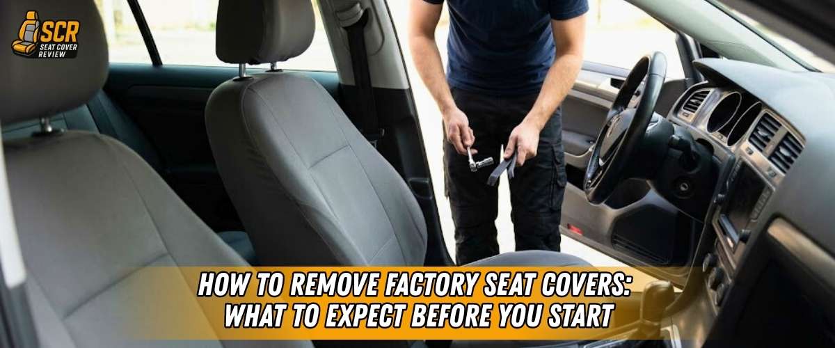 Person removing factory car seat cover with tools inside vehicle, showing preparation before hog ring removal.