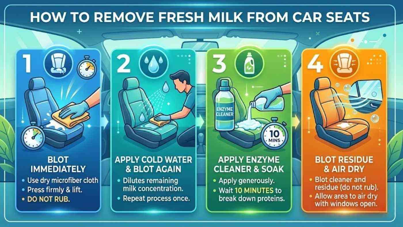 Step by step guide to remove fresh milk from car seats using blotting, cold water and enzyme cleaner before odour forms.