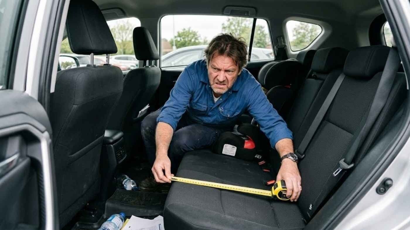 Man measuring car seat width with tape measure, demonstrating correct technique for accurate slipcover chair measurements.