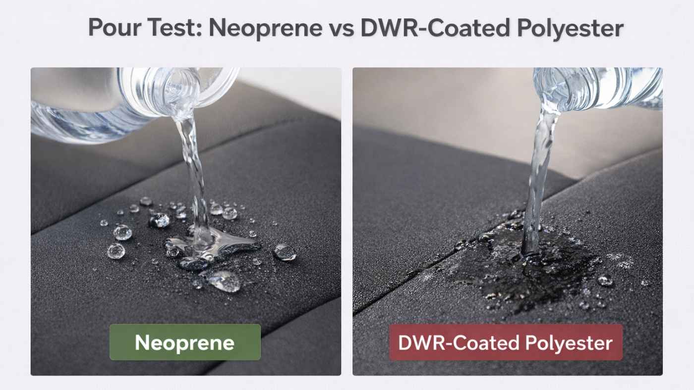 Neoprene vs DWR polyester seat cover pour test showing water beading on neoprene while coated polyester absorbs moisture.