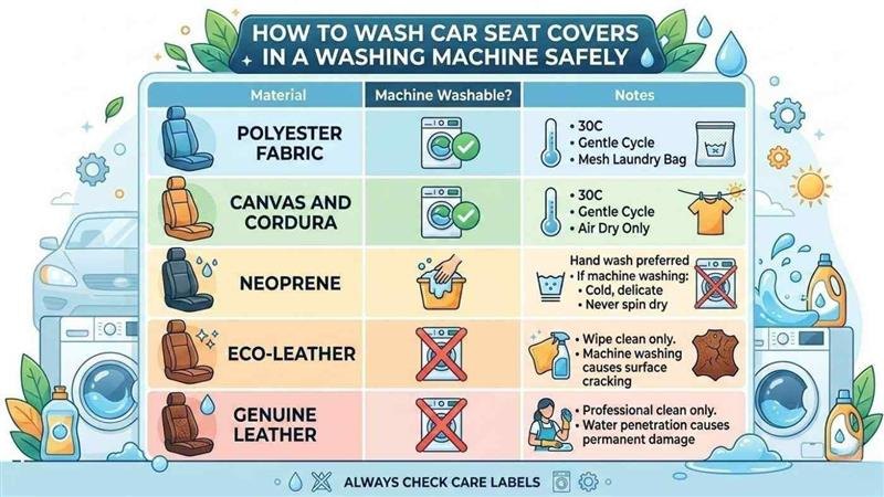 Infographic showing which car seat cover materials are safe for machine washing and proper settings like 30C gentle cycle.