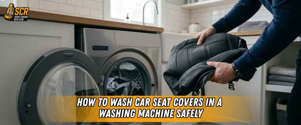 Person loading car seat covers into washing machine on gentle cycle to wash safely without damaging foam backing.