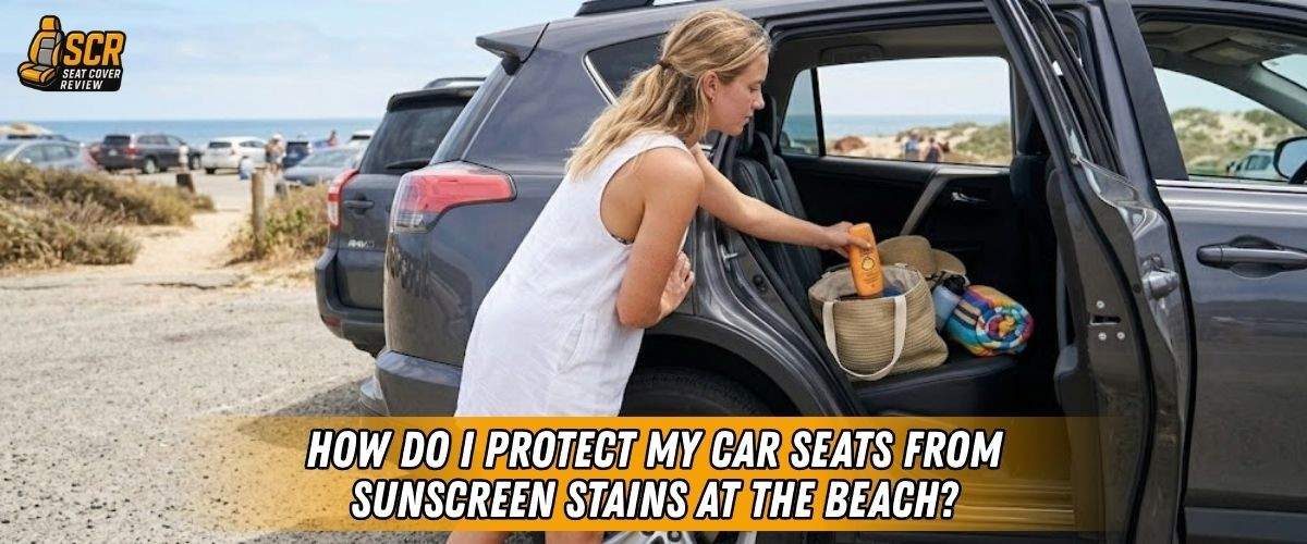 Driver placing beach bag with sunscreen into SUV, showing how to protect car seats from sunscreen stains during beach trips.
