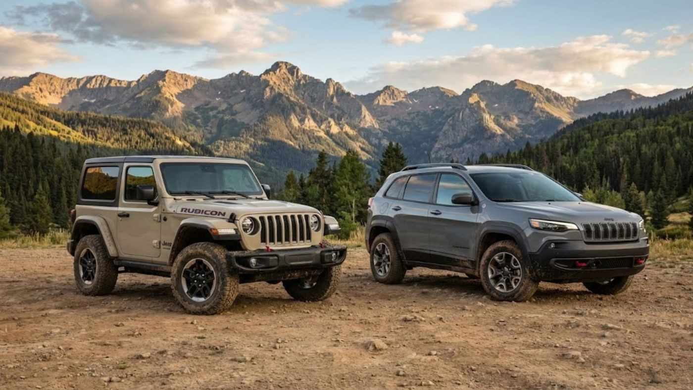 Jeep Wrangler & Cherokee parked off-road highlights SUV seat cover compatibility, fit differences, and rugged use conditions.