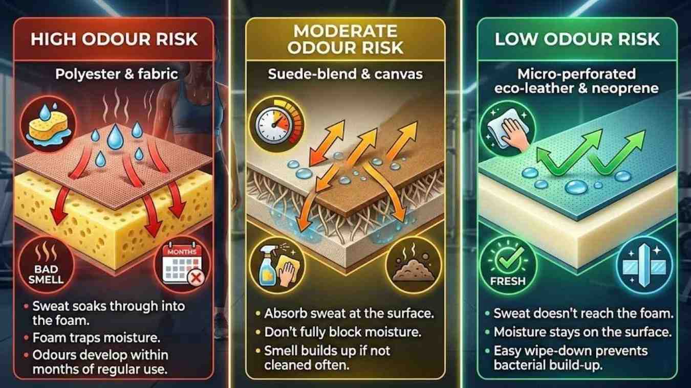 Infographic compares seat cover materials by sweat level and odour risk; shows fabric suede canvas & eco leather performance.