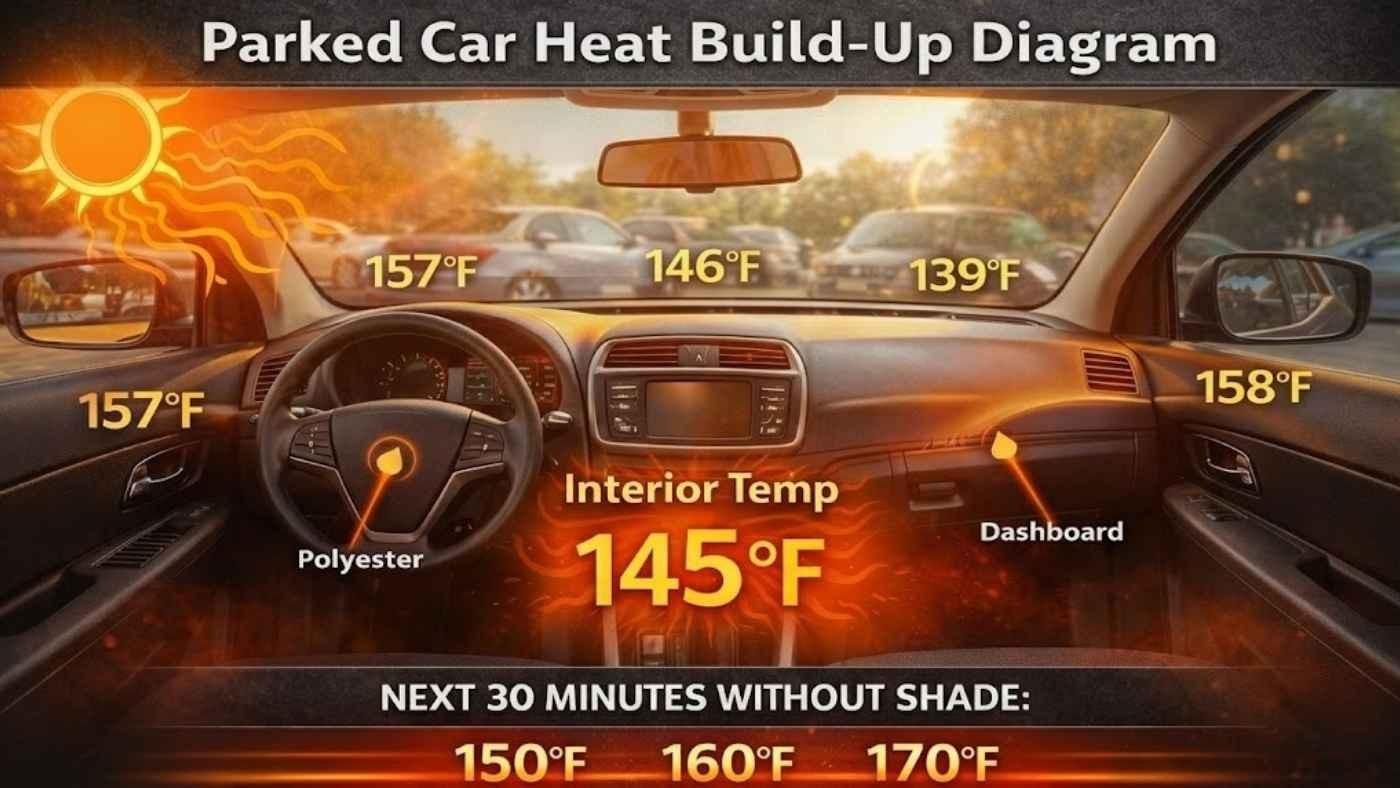 Parked car heat buildup diagram showing interior temperatures reaching 145°F and surfaces heating above 150°F in summer sun.