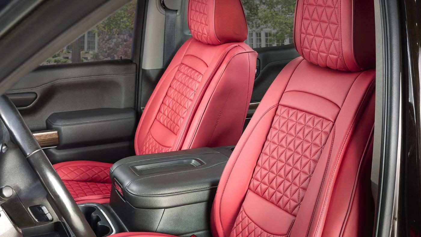 Crimson red eco leather seat covers with installed in truck interior showing premium fit and upgraded vehicle seating style.