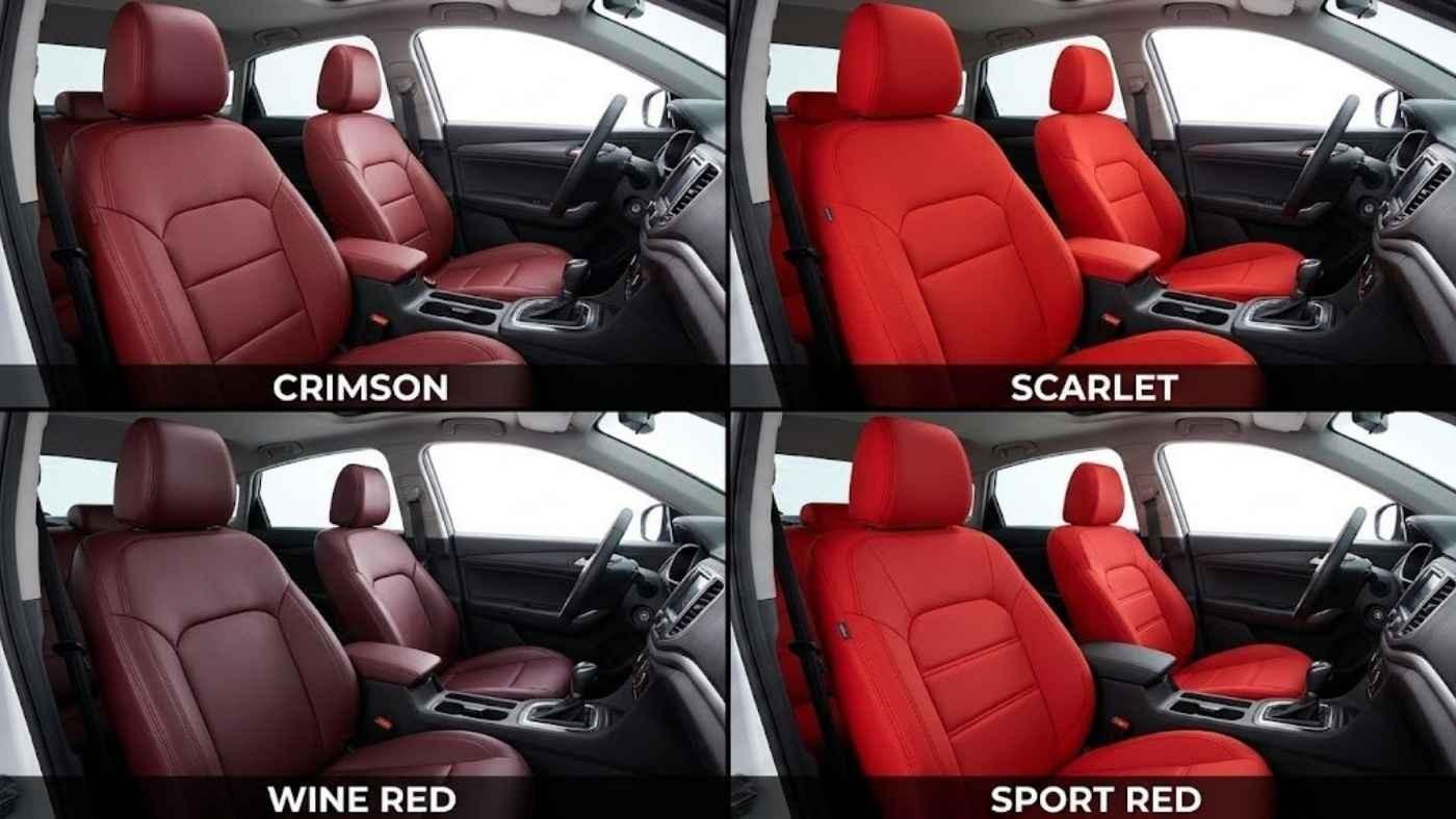 Red seat cover shades including crimson, scarlet, wine red and sport red, shown across car interiors for colour choice guide.