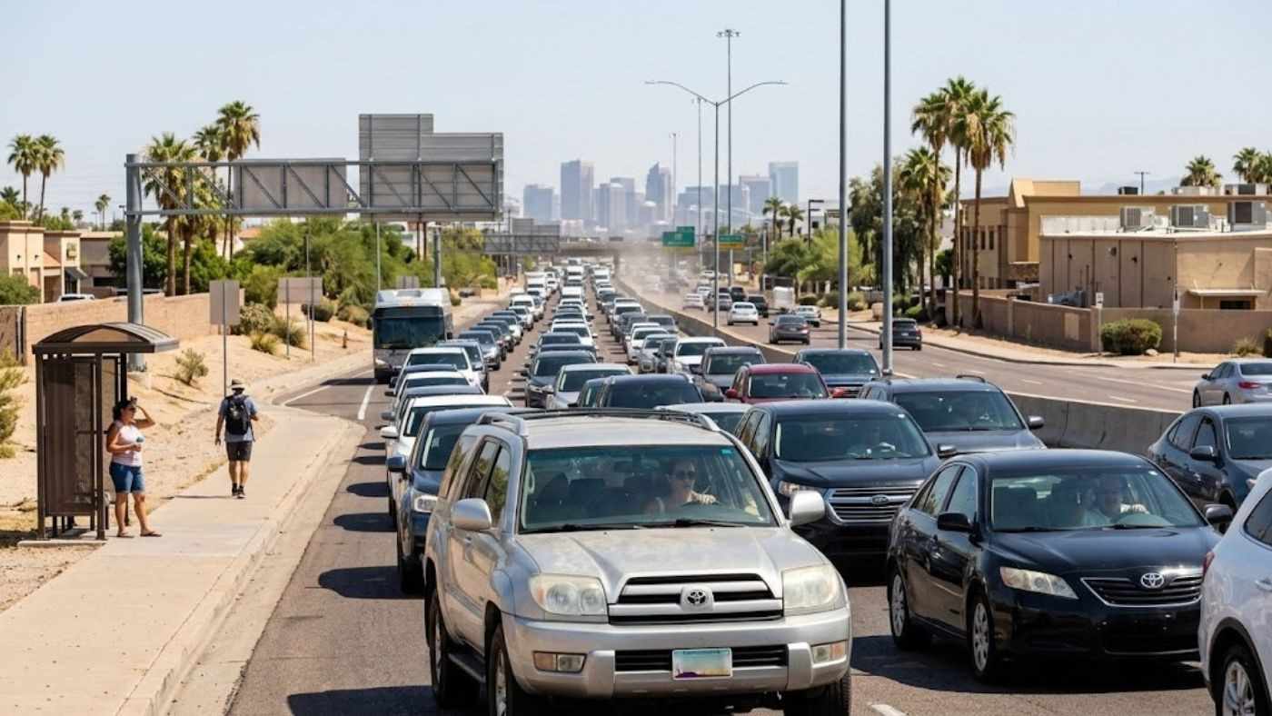 Heavy traffic in a hot summer commute; highlights practical conditions drivers face when choosing comfort & heat resistance.