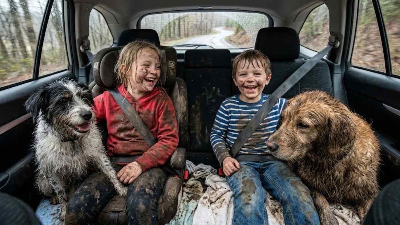 Muddy kids and wet dogs sitting in back seat after outdoor play; show the real mess seat covers must protect while daily use.