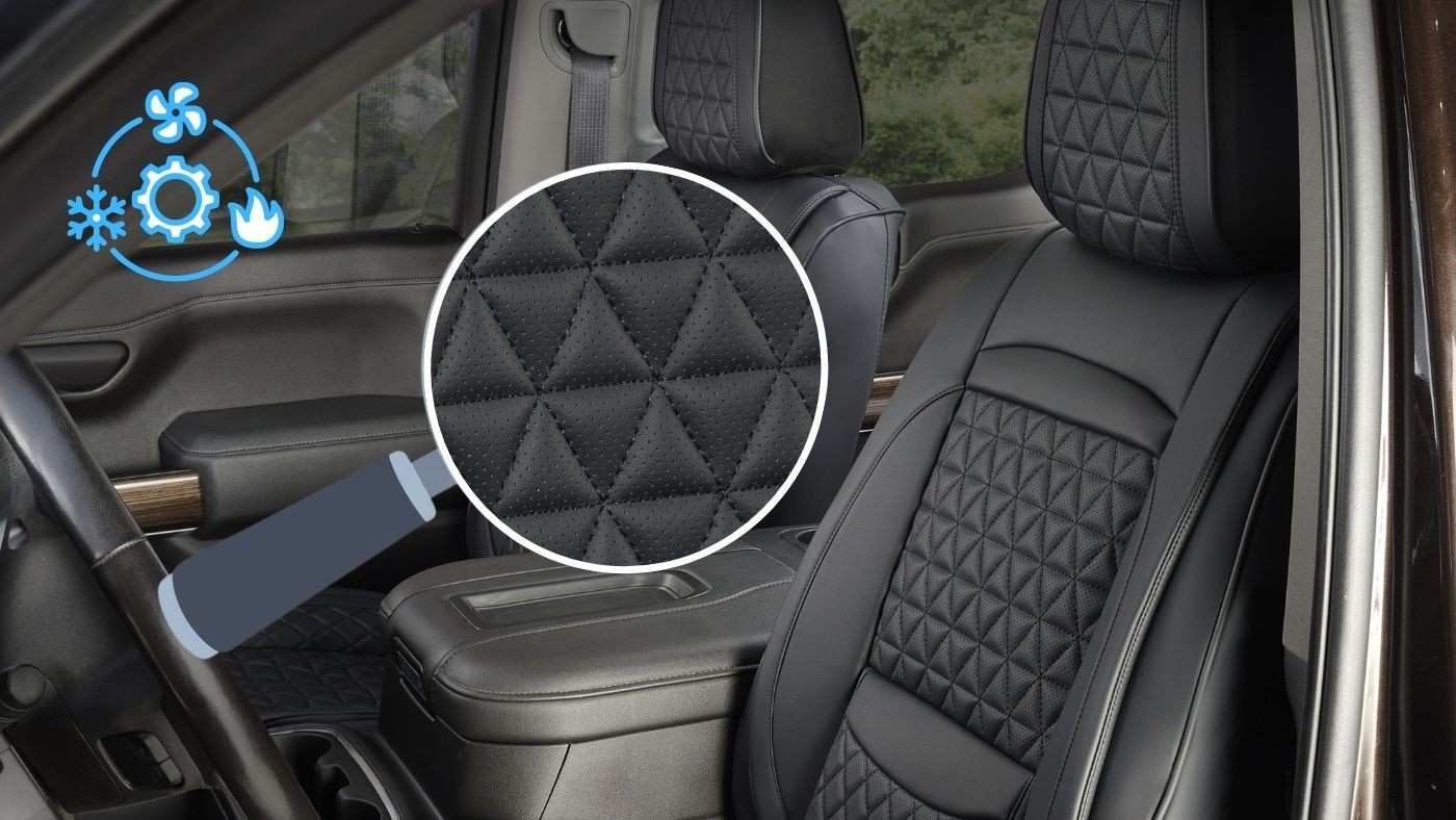 Perforated eco leather car seat cover showing airflow and compatibility with heated and ventilated seats for better comfort.