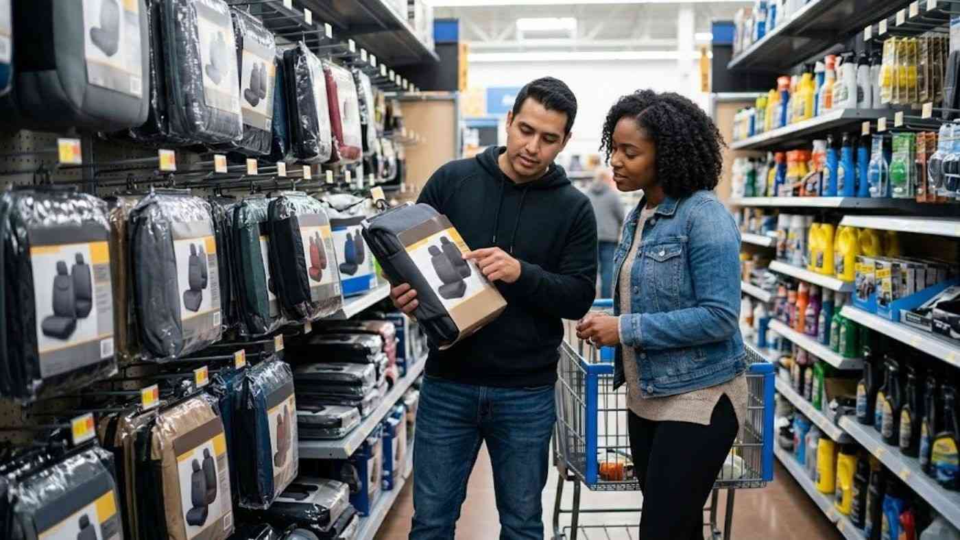 Couple comparing car seat covers in a store; choosing a budget friendly option that balances comfort, durability, & price.