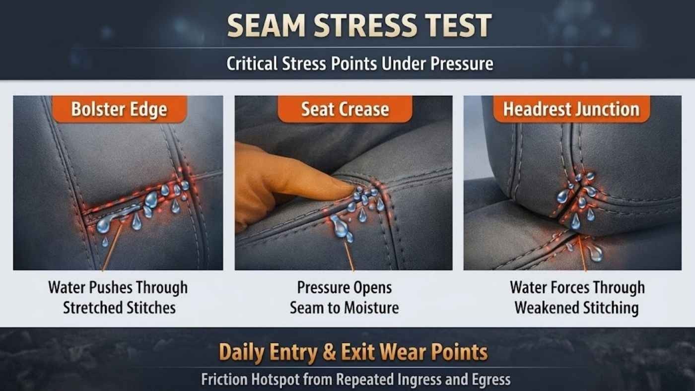 Seam stress test shows bolster edge & seat crease pressure points; durable seat covers for commuters resist stitching fails.