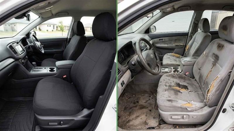 Comparison of clean car interior with seat covers vs worn dirty seats highlighting seat protection value over time.