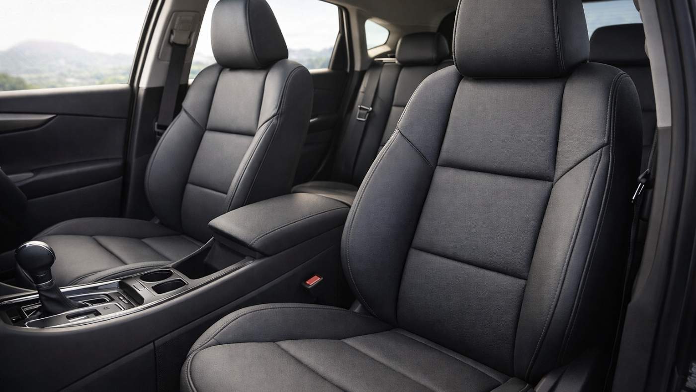 New car interior with black fabric seats showing wear risk and why seat covers protect from stains and fading.