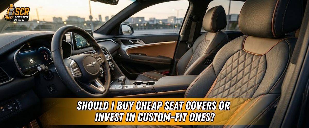 Car interior with diamond-stitched seat covers illustrates cheap vs custom seat covers; shows drivers seeking durability.