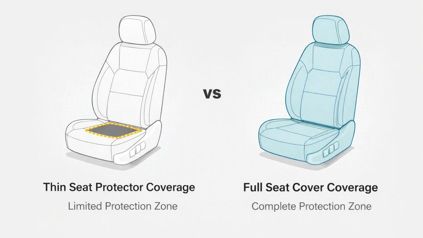 Illustration compares thin seat protector coverage area vs full car seat cover providing complete seat protection coverage.