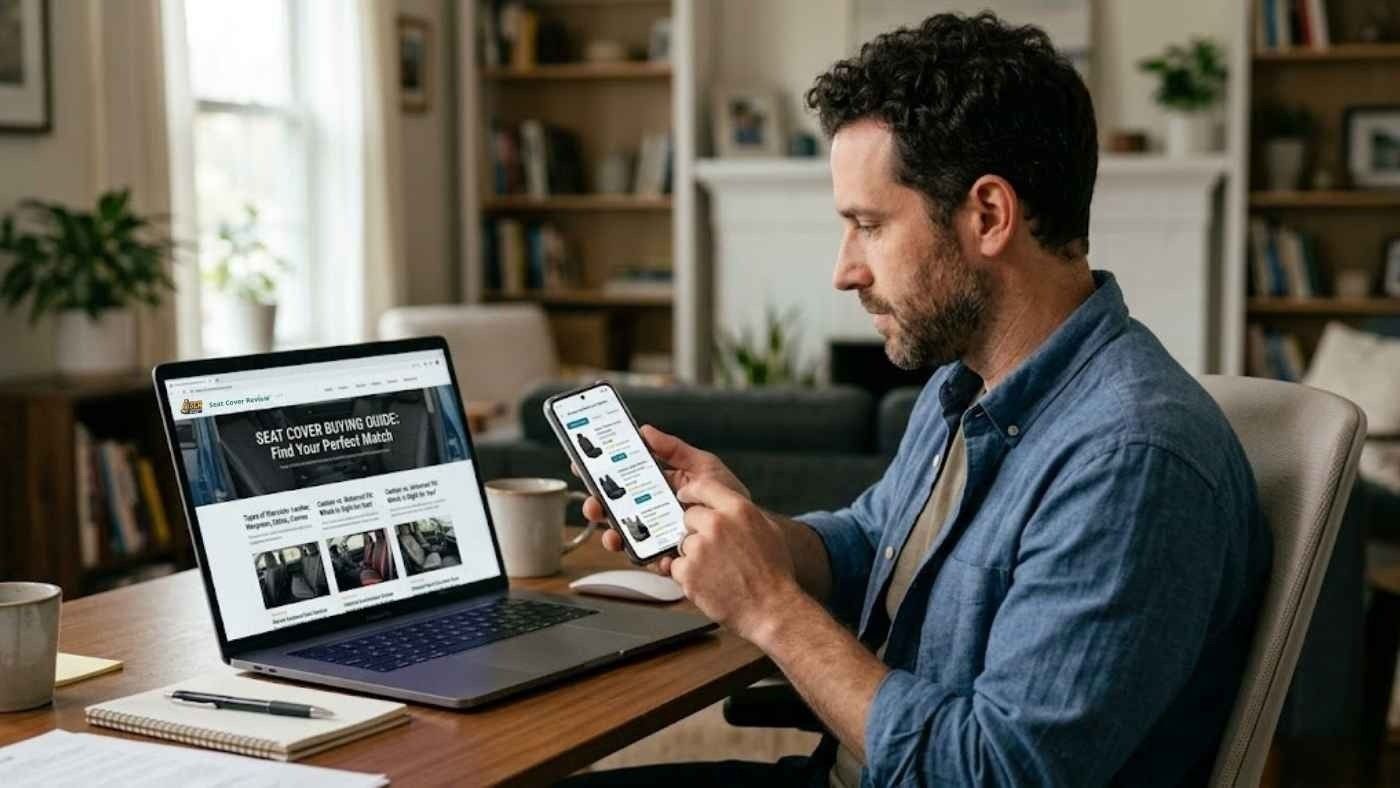 Man comparing seat cover prices on laptop and phone illustrating budget and trade offs in buying guide.