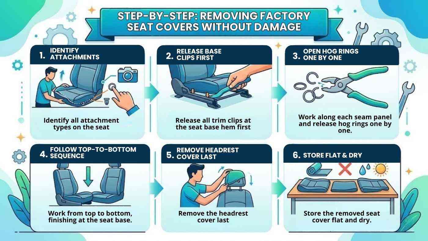 Infographic of step-by-step factory seat cover removal, showing clips, hog rings, top to bottom sequence and storage.