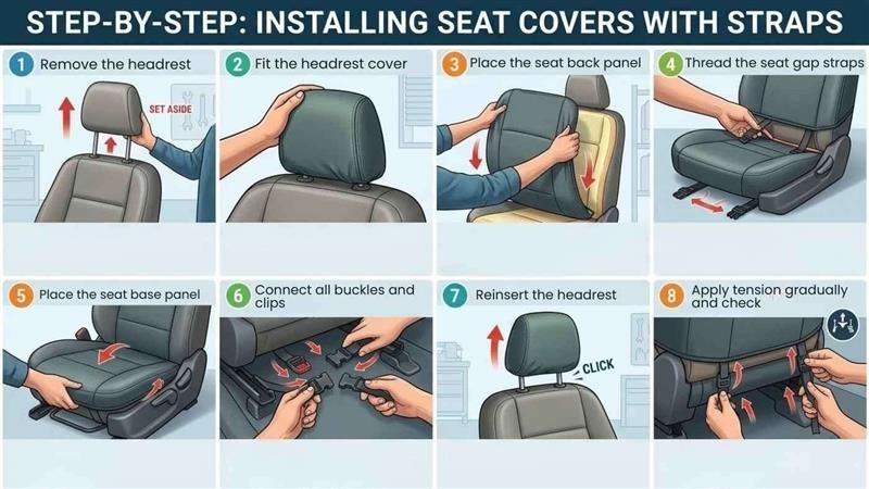 Illustrated step-by-step guide shows how to install car seat covers with straps including headrest removal & strap tightening.