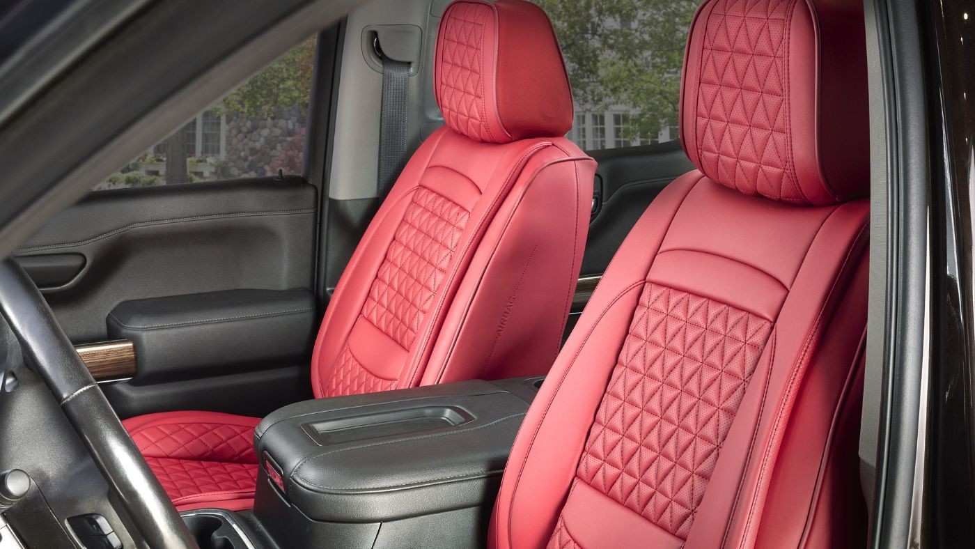 Red quilted leather truck seat covers show seat covers for trucks 2026 with custom-fit design and durable material quality.