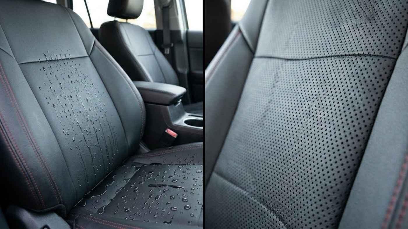 Waterproof seat cover with droplets on perforated eco leather seat cover; shows breathability vs waterproofing trade off.