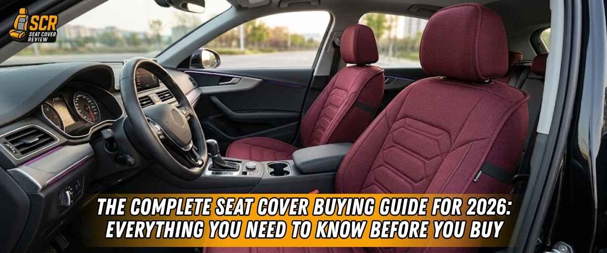 Car interior with red custom seat covers illustrating premium fit example from 2026 seat cover buying guide overview.