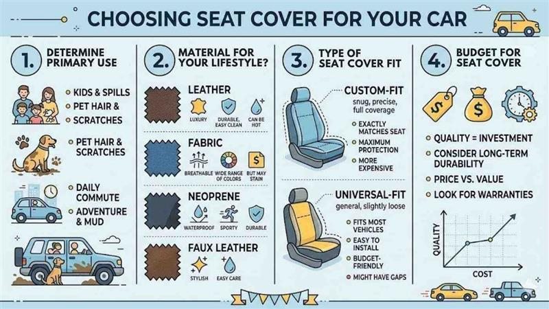 Infographic showing four steps to choose car seat covers: use case, material type, fit option, and long term budget planning.
