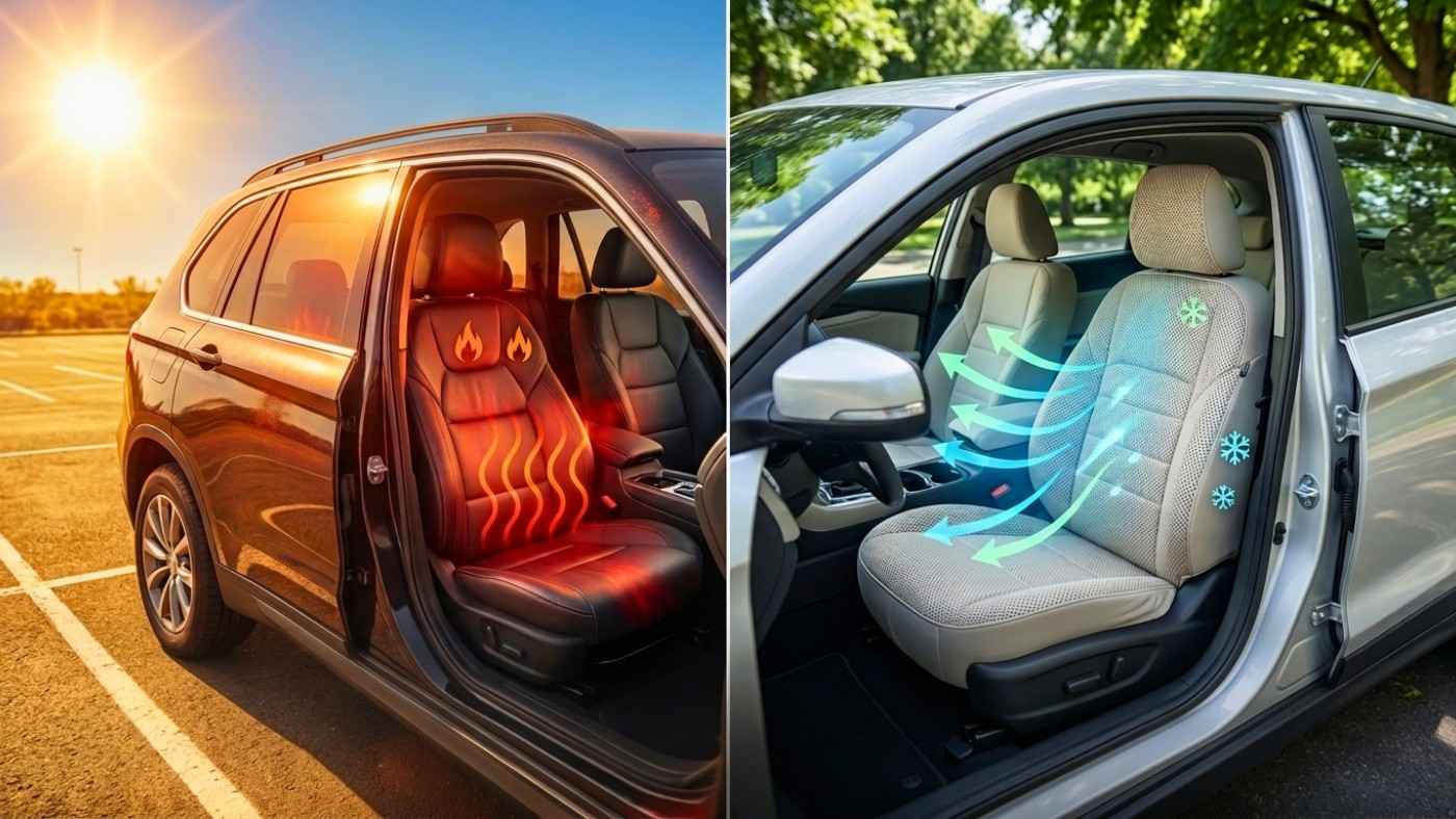 Comparison shows hot car seat in sun vs light perforated cool seat covers; allows airflow and keeping seats cooler in heat.
