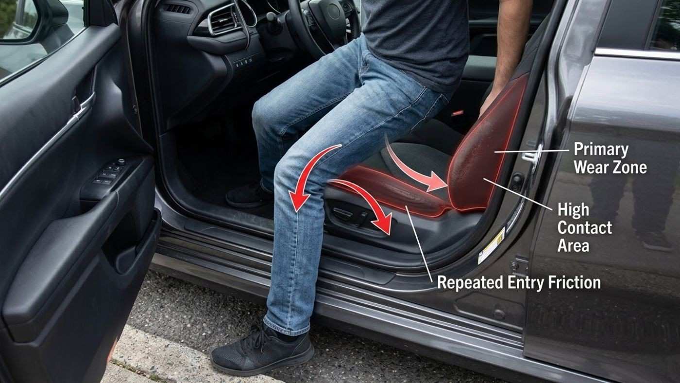 Driver entering car showing seat bolster wear zone friction points highlighting need to protect contact areas.